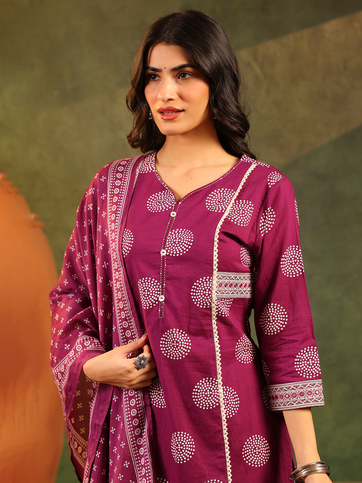 Wine printed festive wear cotton silk kurti