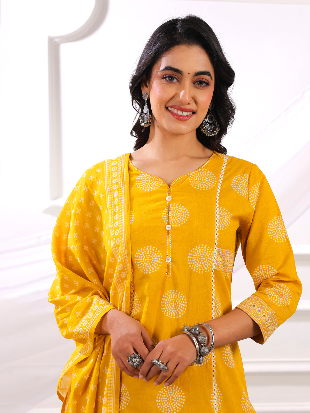 Yellow printed straight cut cotton silk kurti set