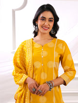 Yellow printed straight cut cotton silk kurti set