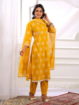Yellow printed straight cut cotton silk kurti set