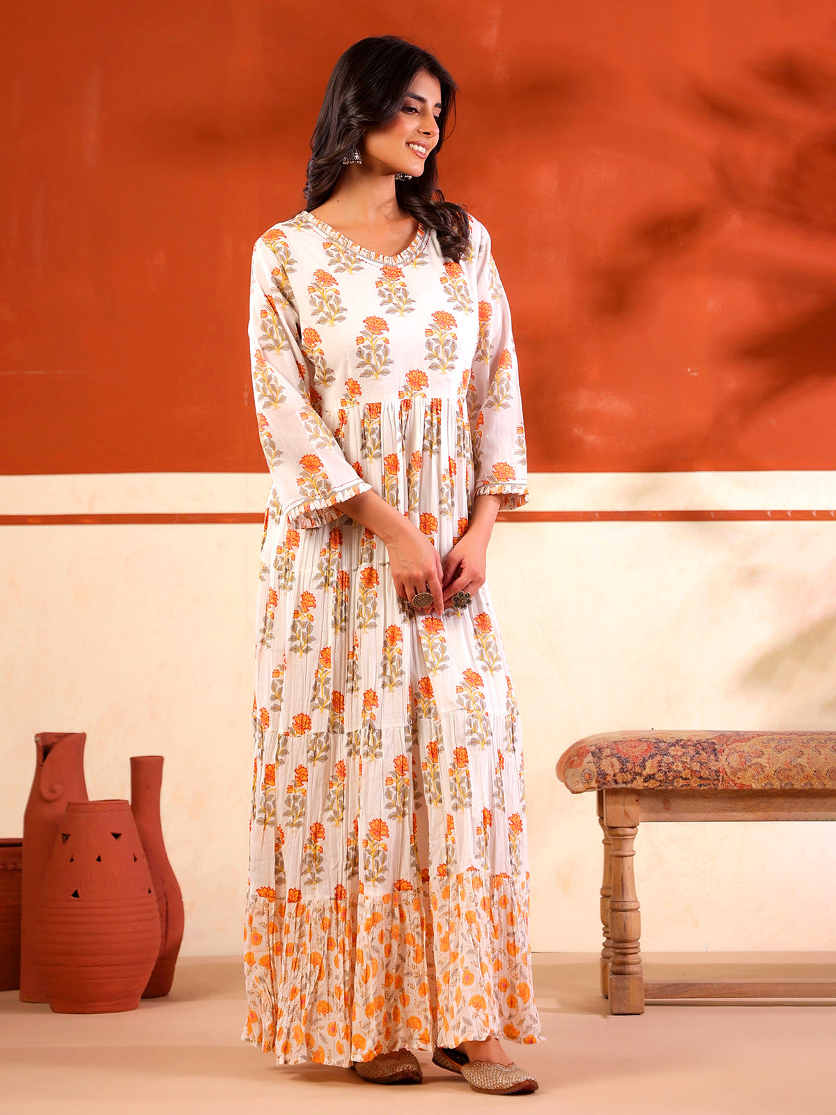 White floral printed floor length kurti