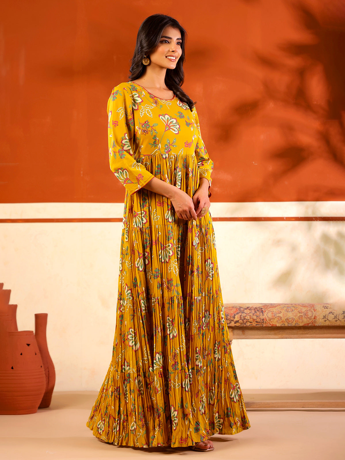 Mustard yellow cotton printed floor length kurti