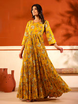 Mustard yellow cotton printed floor length kurti
