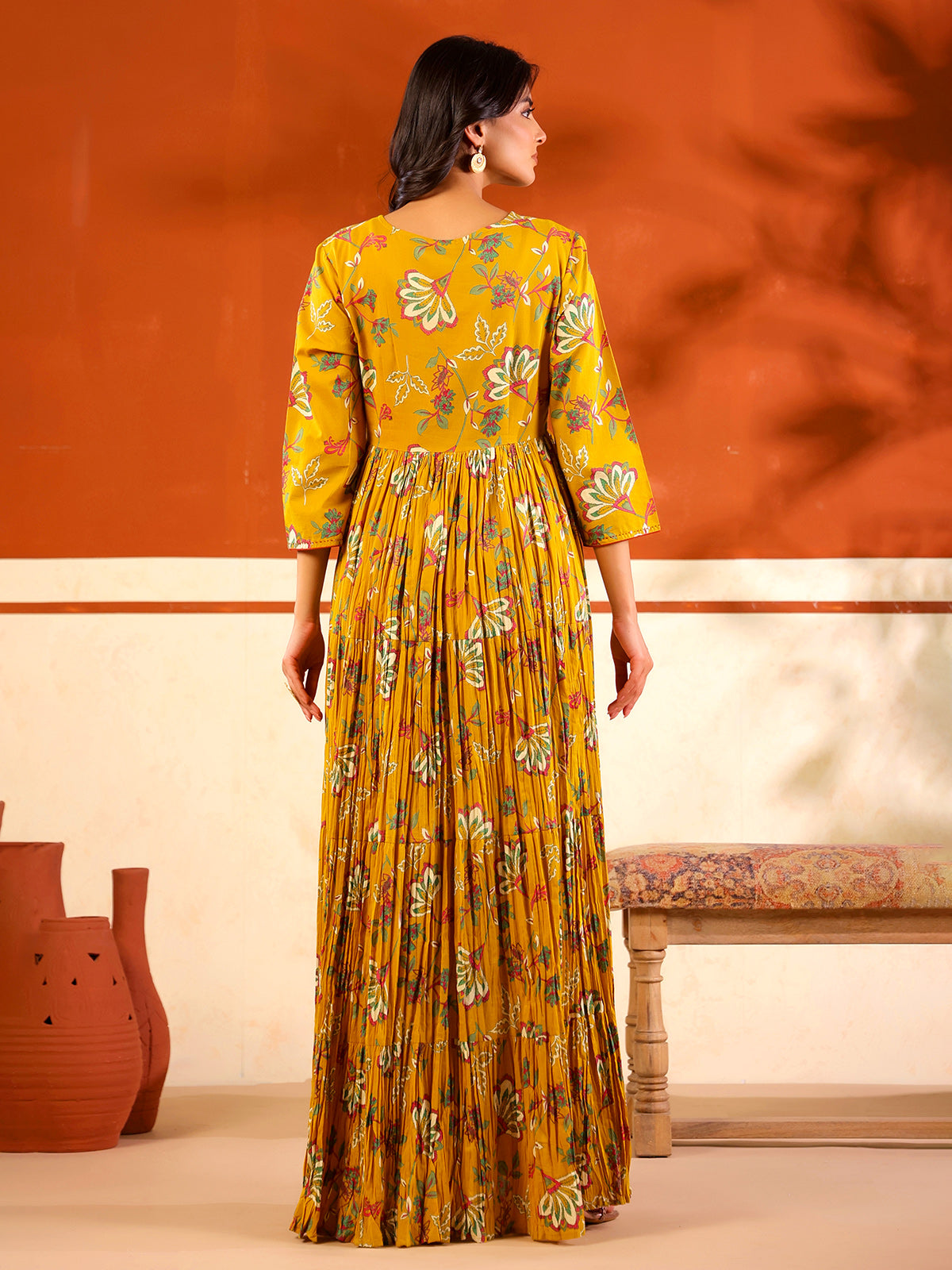 Mustard yellow cotton printed floor length kurti