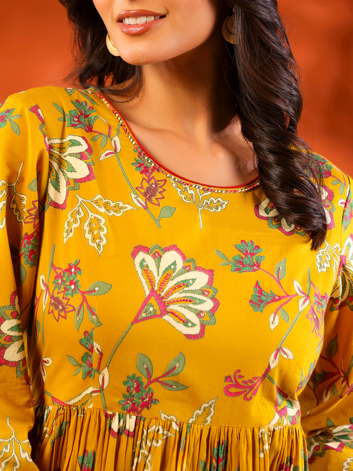 Mustard yellow cotton printed floor length kurti