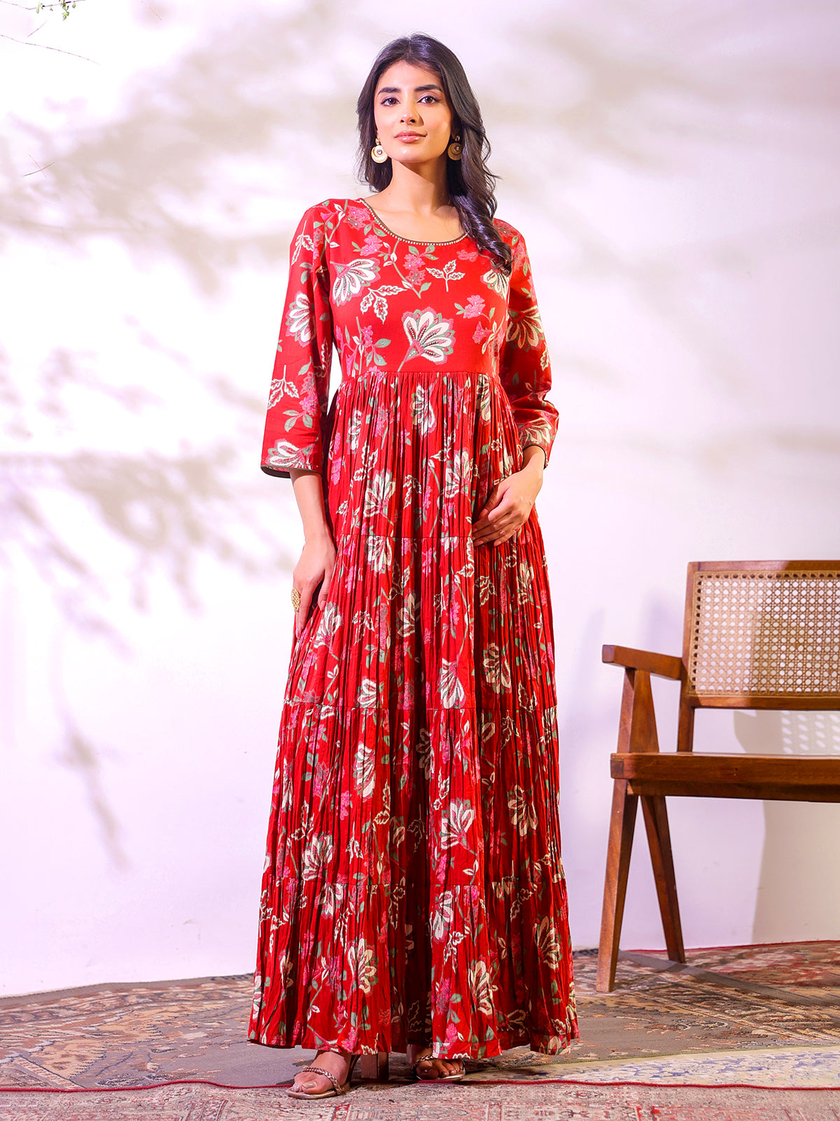 Red cotton floral printed floor length kurti