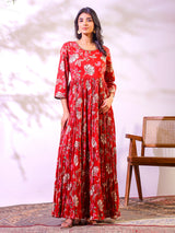 Red cotton floral printed floor length kurti