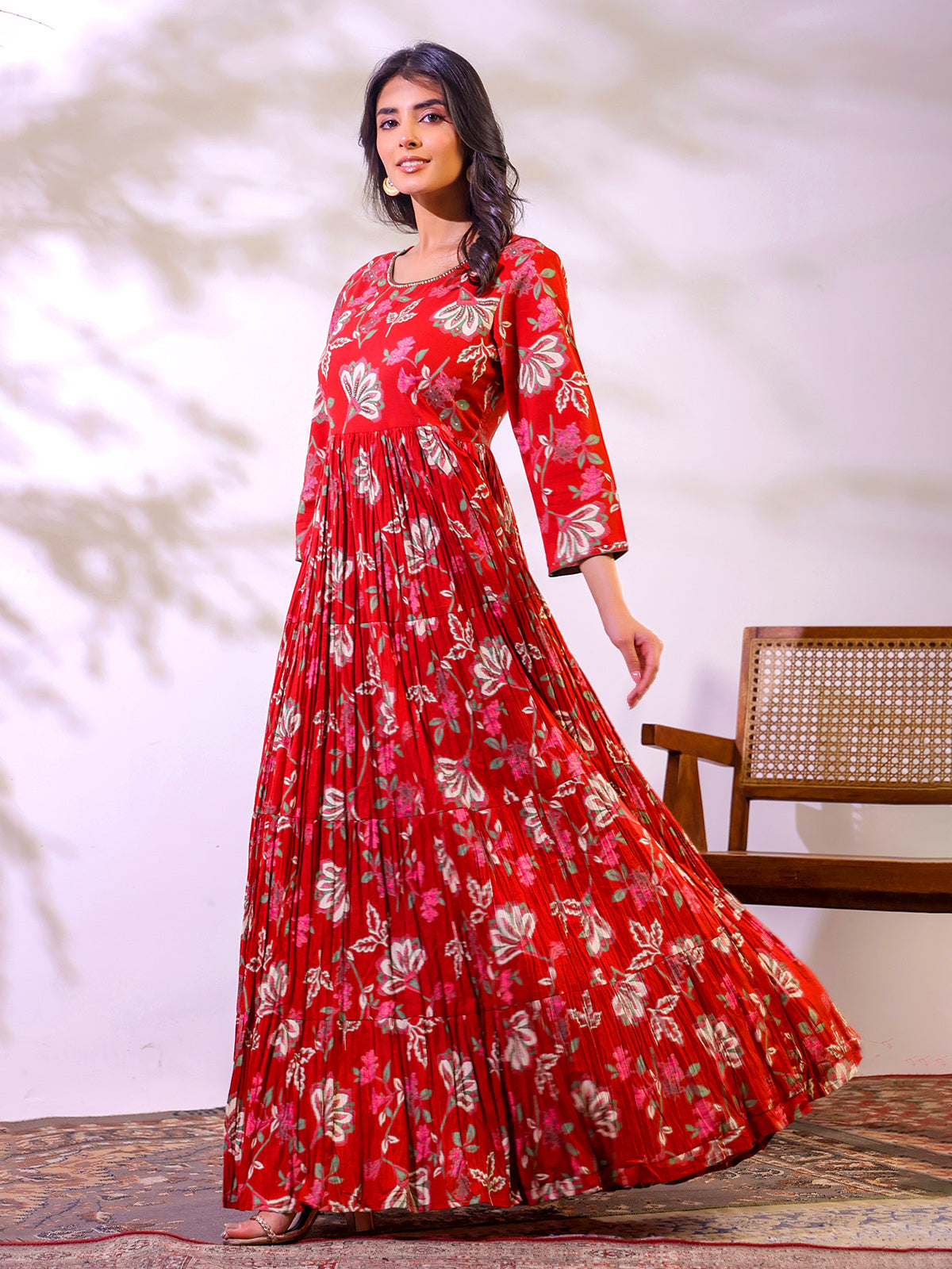 Red cotton floral printed floor length kurti