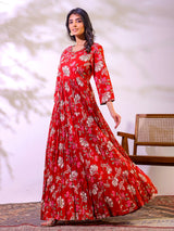 Red cotton floral printed floor length kurti