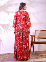 Red cotton floral printed floor length kurti