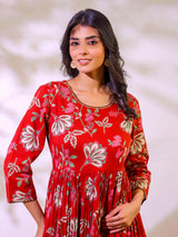 Red cotton floral printed floor length kurti