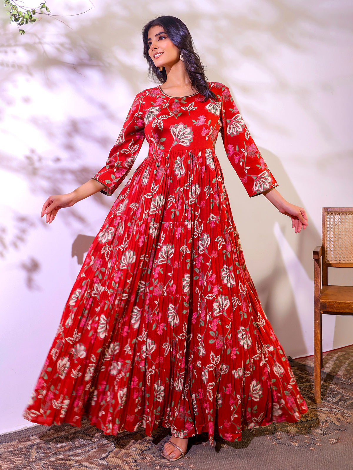 Red cotton floral printed floor length kurti