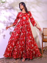 Red cotton floral printed floor length kurti