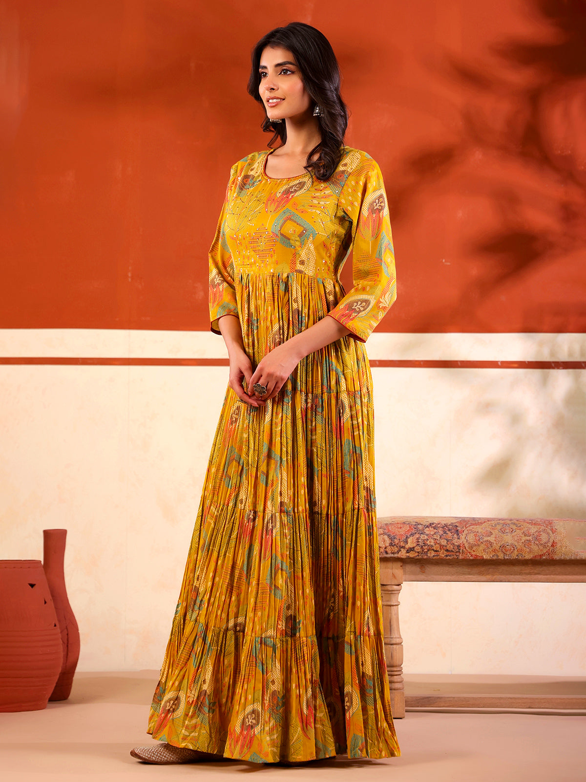 Yellow cotton floor length kurti with floral print