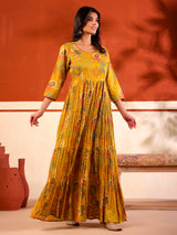 Yellow cotton floor length kurti with floral print