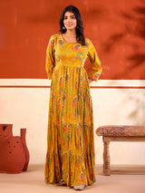 Yellow cotton floor length kurti with floral print
