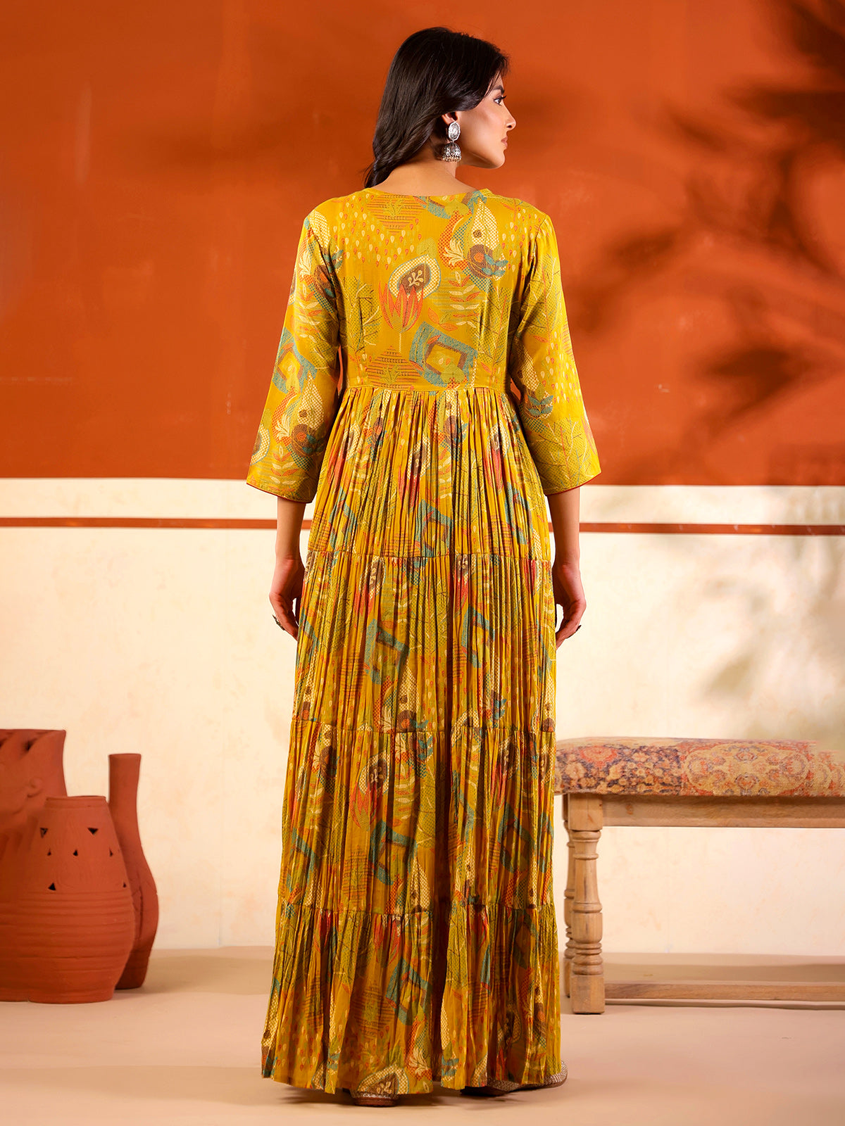 Yellow cotton floor length kurti with floral print