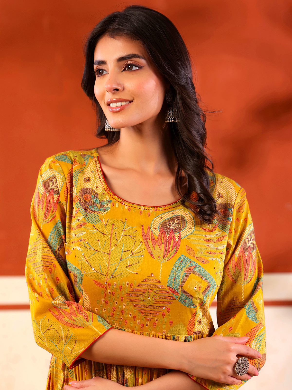 Yellow cotton floor length kurti with floral print