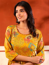 Yellow cotton floor length kurti with floral print