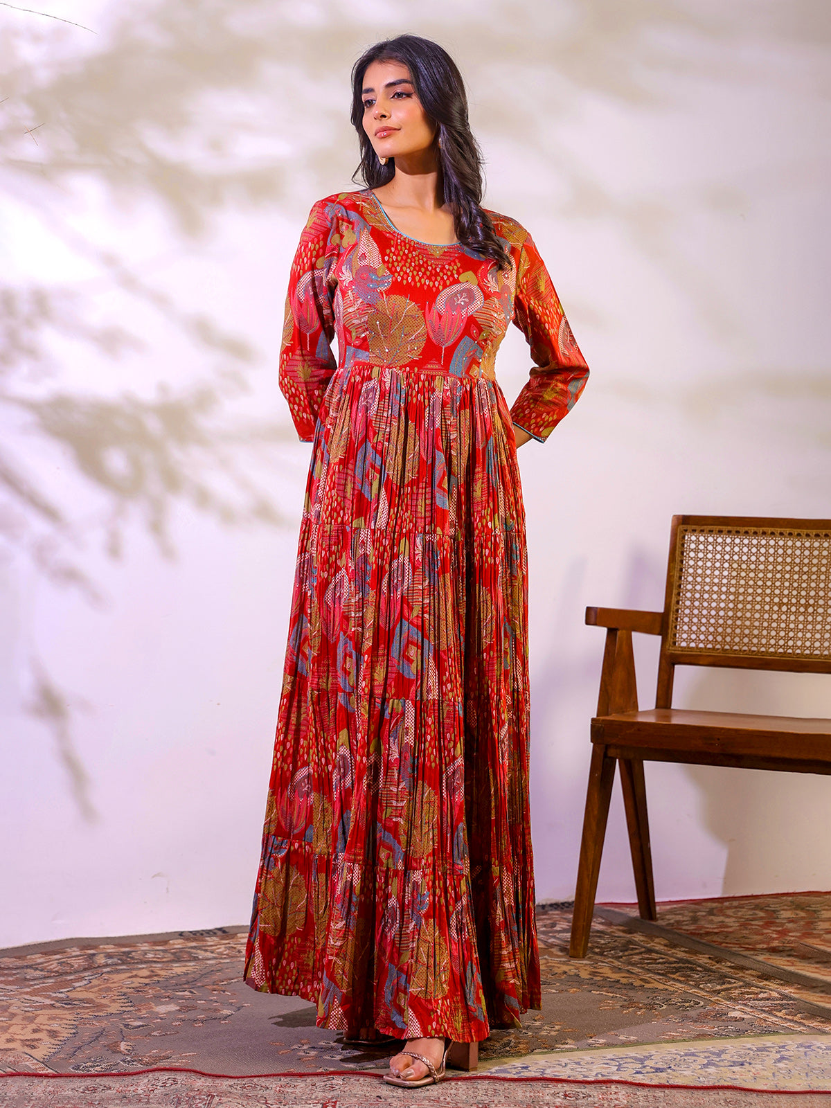 Red festive wear cotton floor length kurti