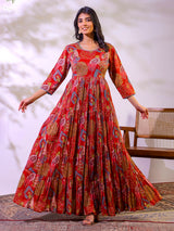 Red festive wear cotton floor length kurti