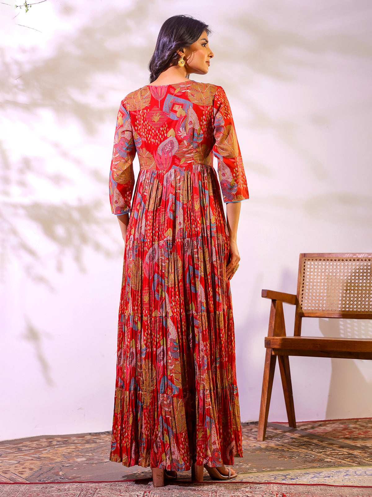 Red festive wear cotton floor length kurti