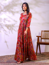 Red festive wear cotton floor length kurti