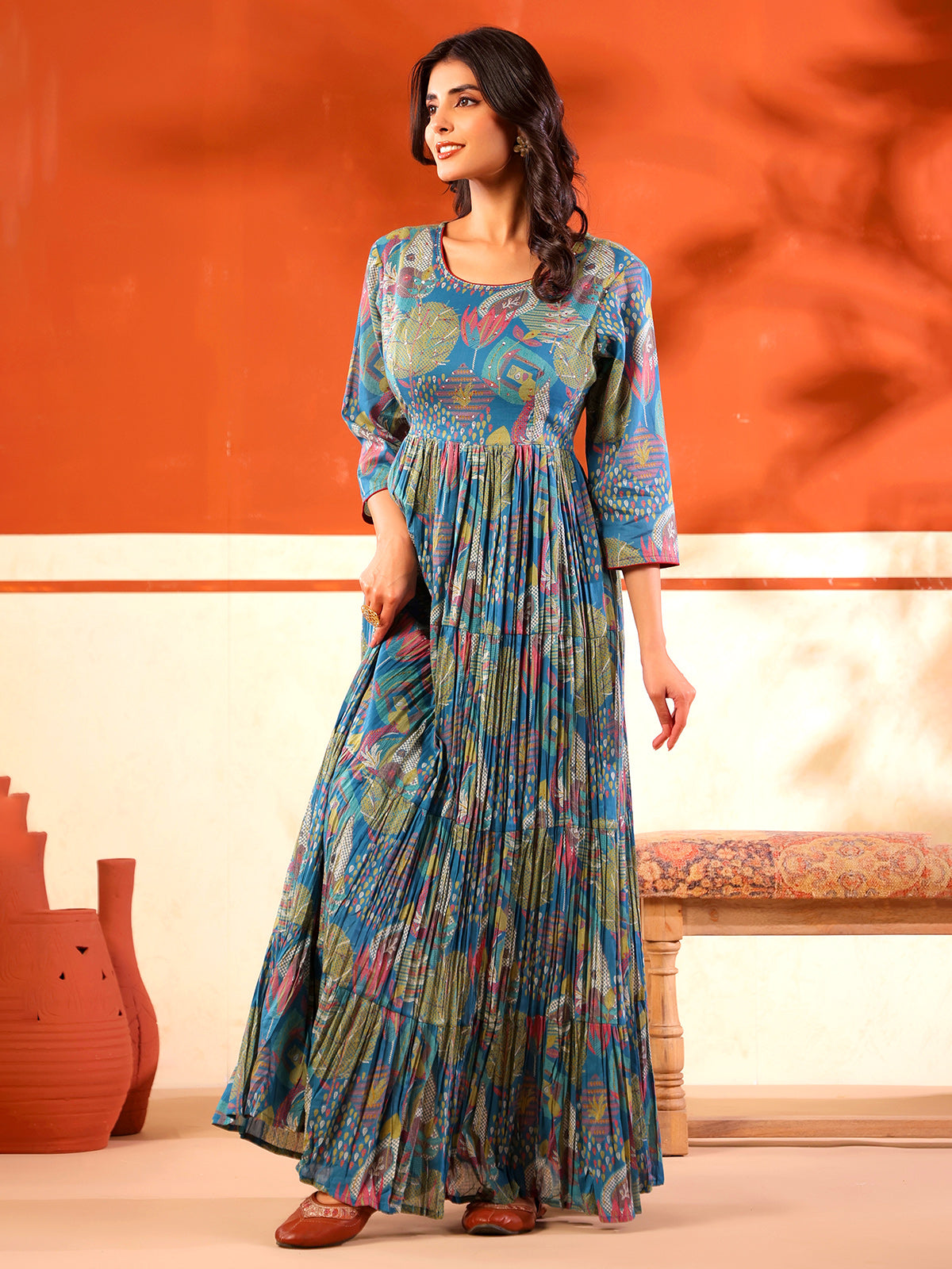 Blue festive wear cotton floor length kurti