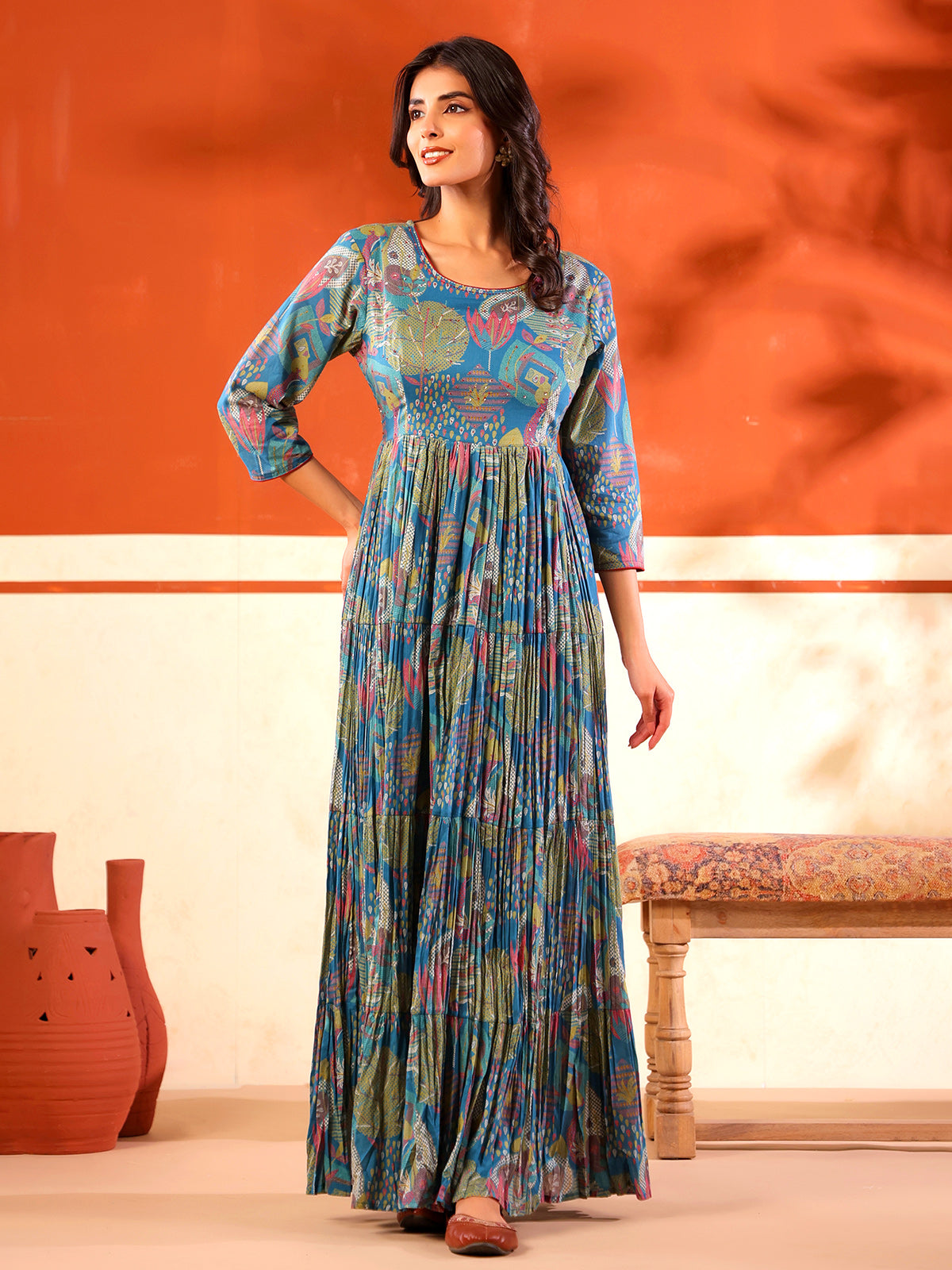 Blue festive wear cotton floor length kurti