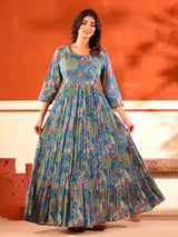Blue festive wear cotton floor length kurti