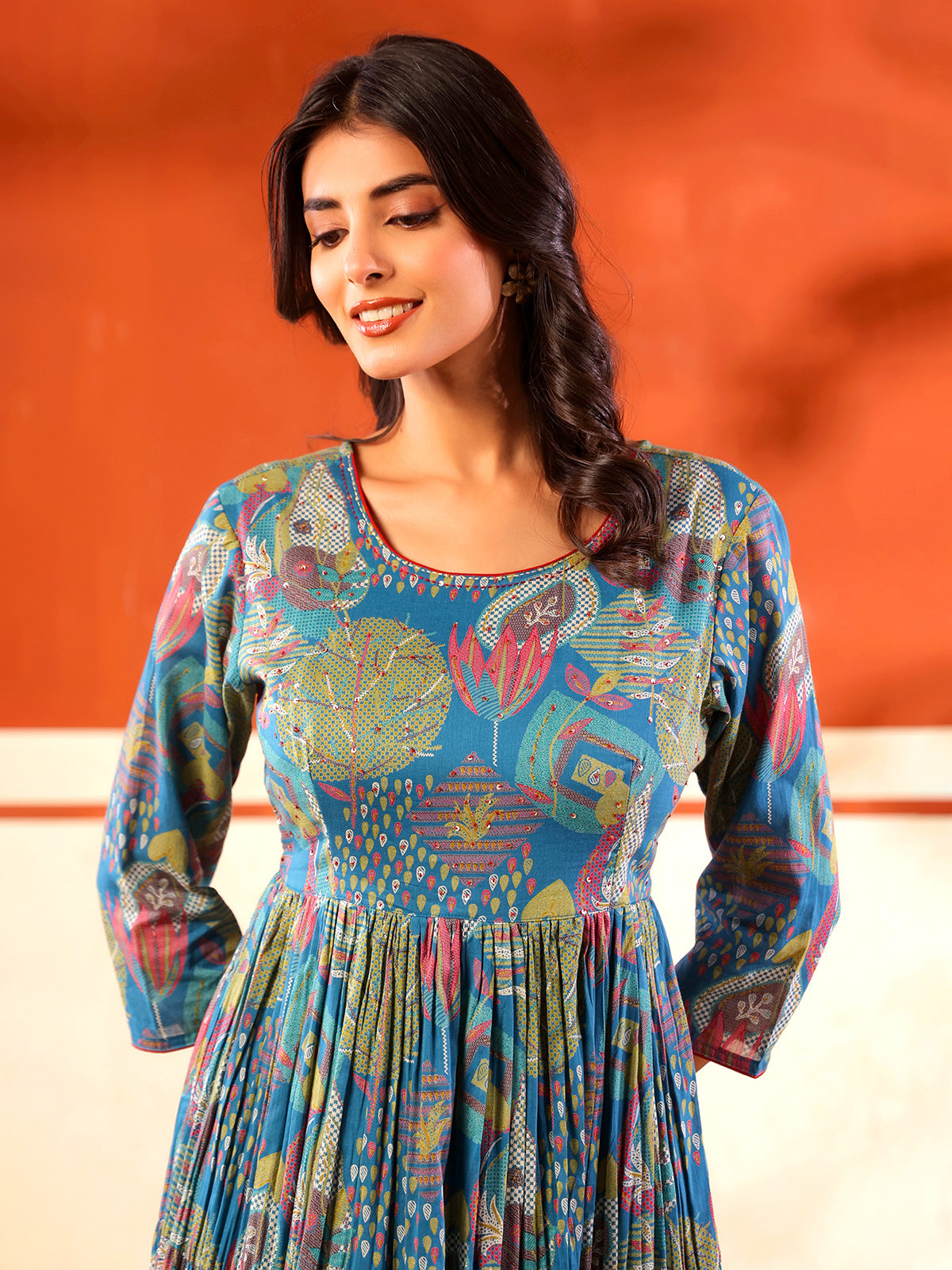 Blue festive wear cotton floor length kurti