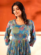 Blue festive wear cotton floor length kurti