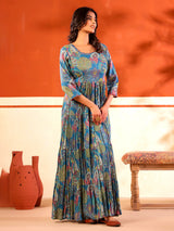 Blue festive wear cotton floor length kurti