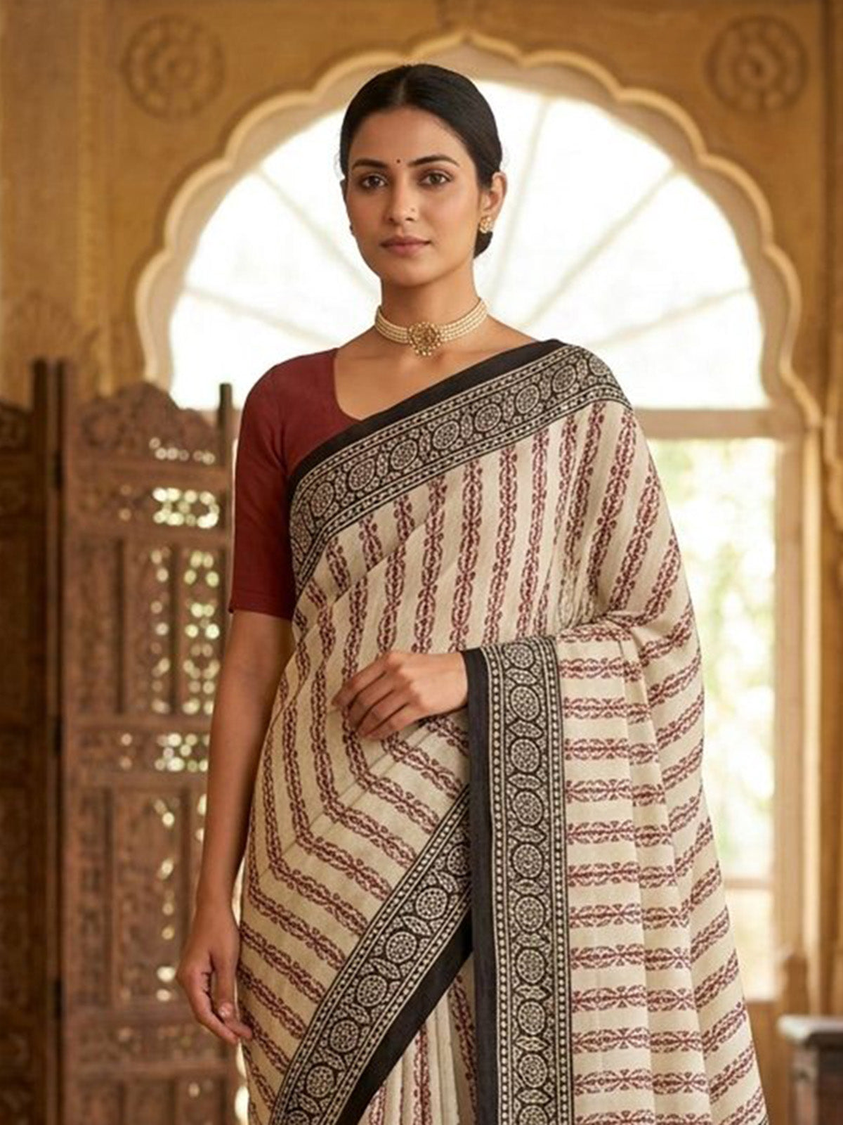 Beige printed muslin saree
