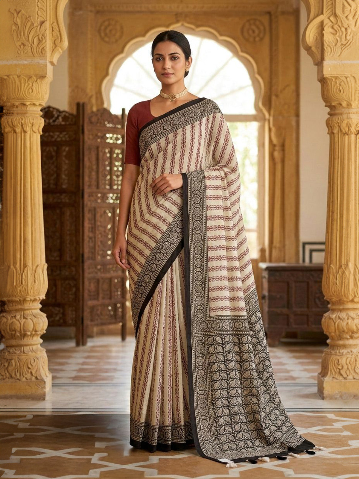 Beige printed muslin saree