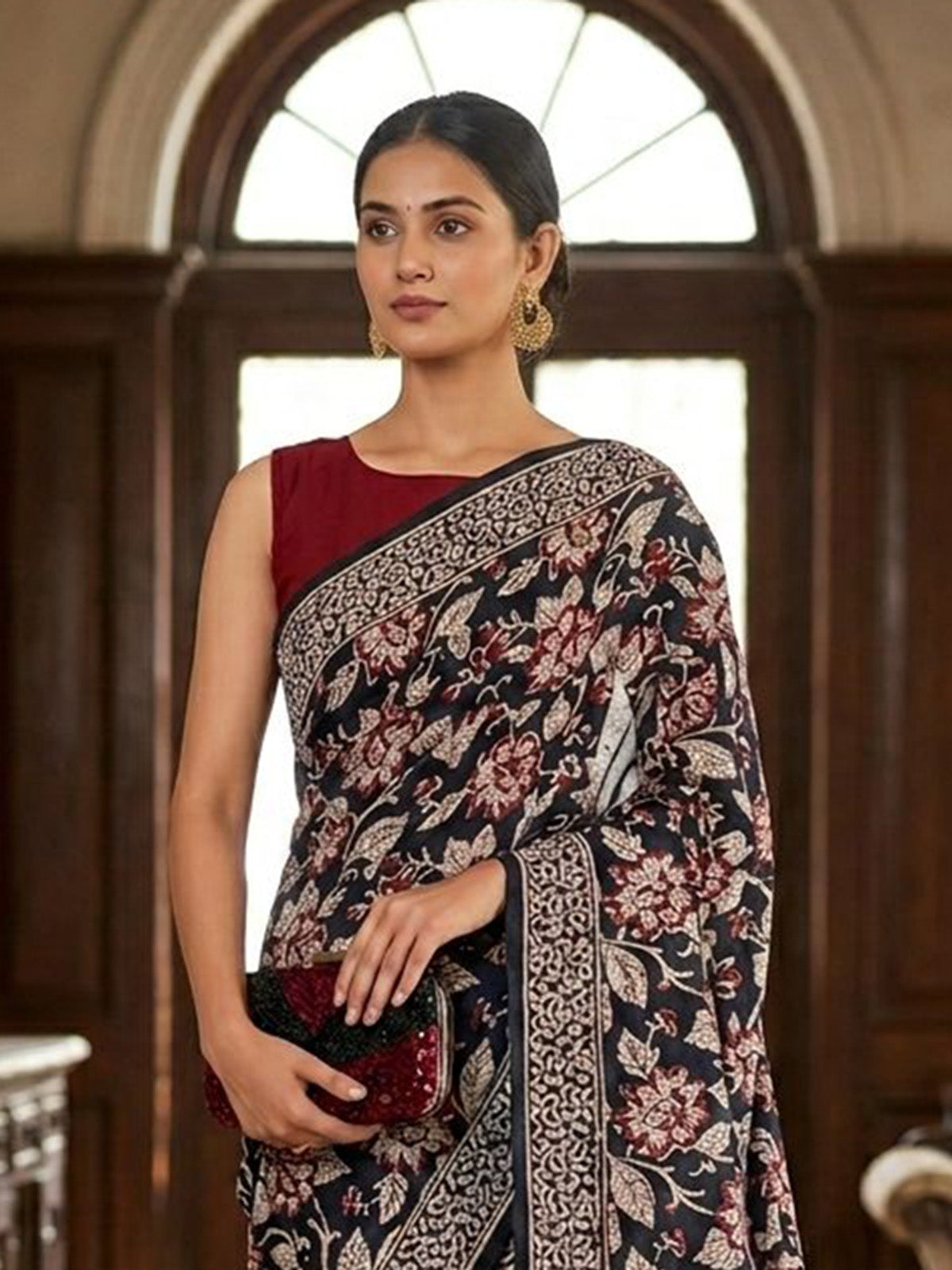 Black ethnic printed muslin saree