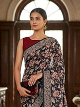 Black ethnic printed muslin saree