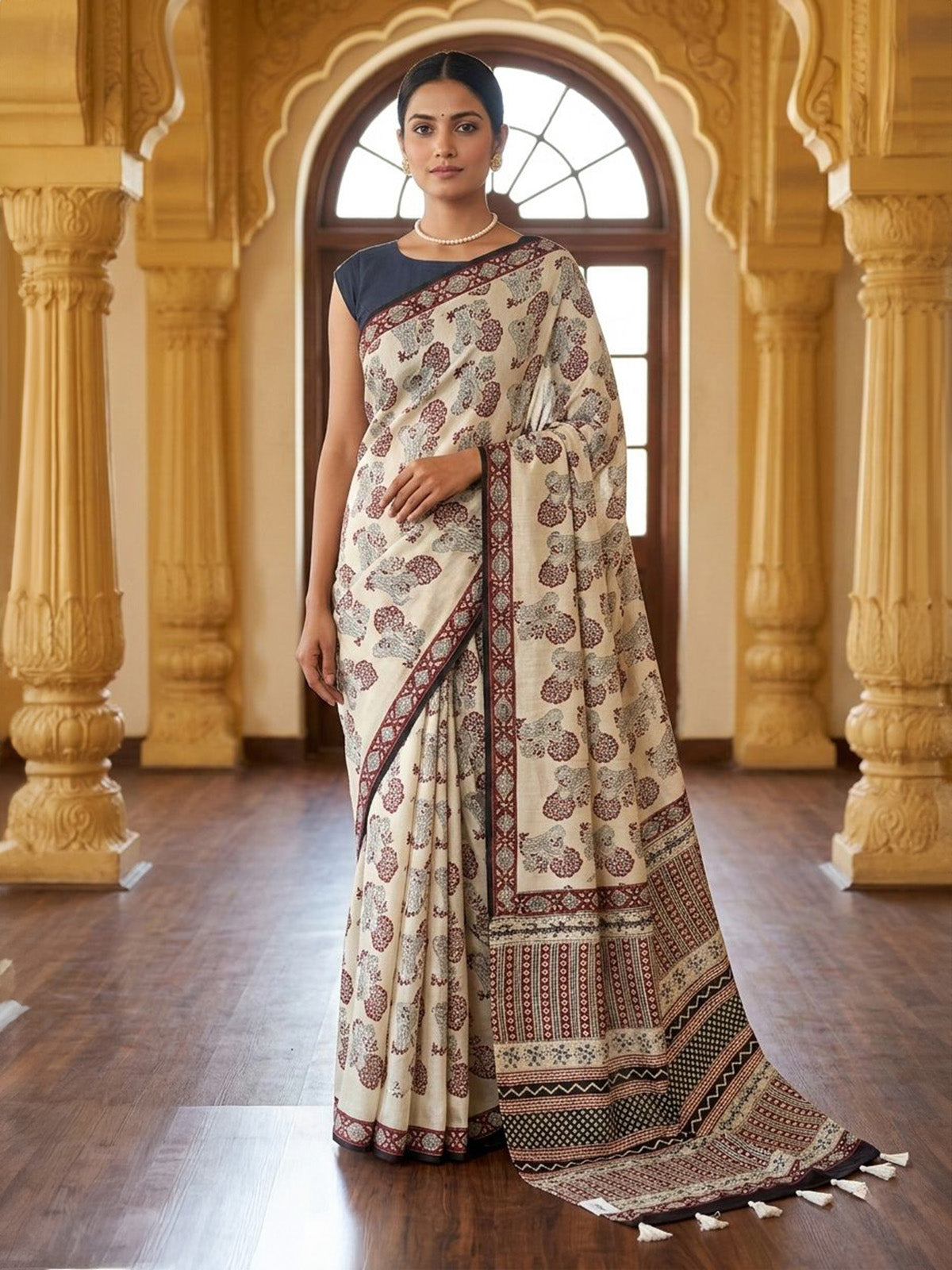 Off white printed muslin saree with unstitched blouse