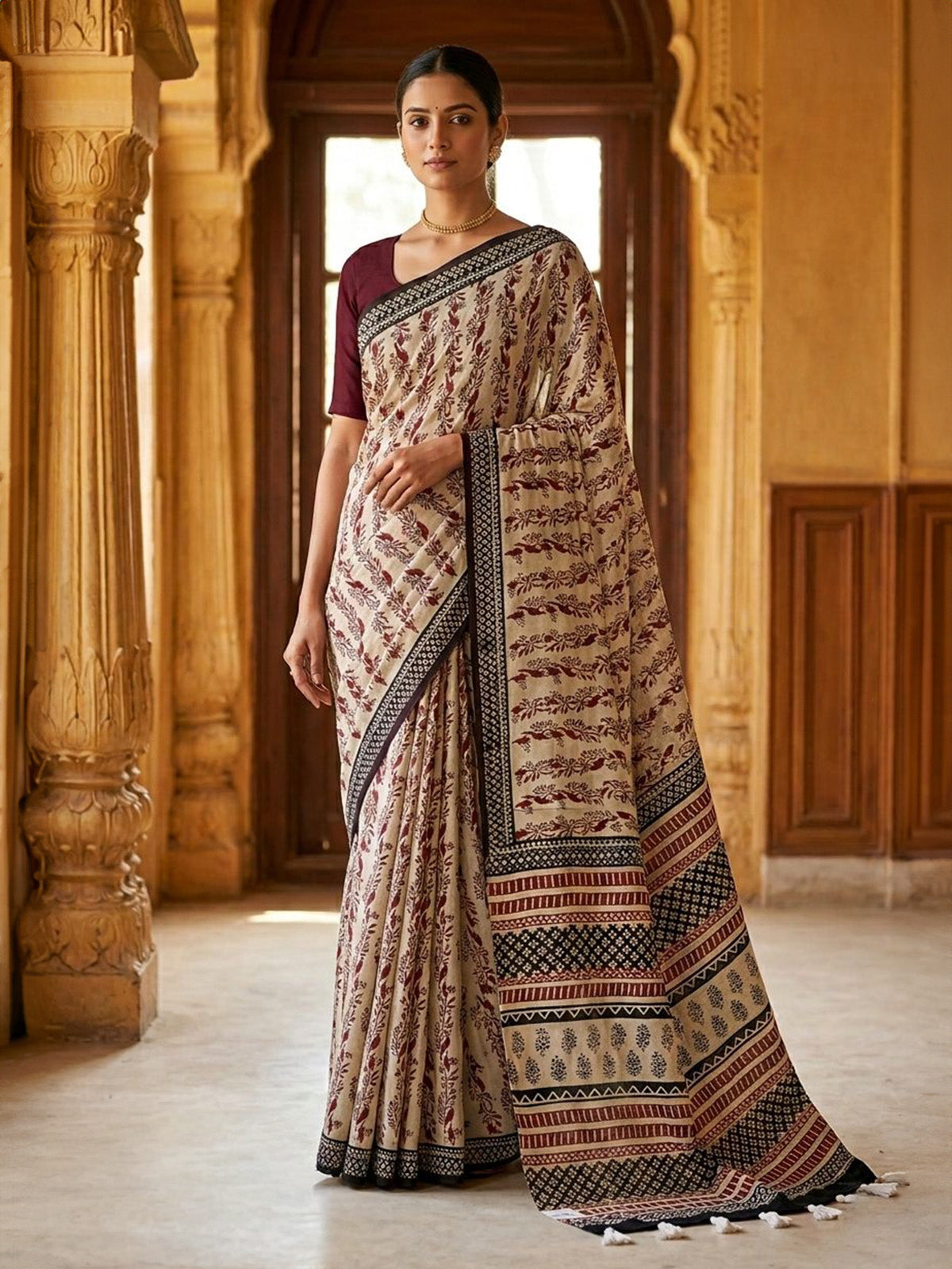 Off white muslin saree with ethnic print