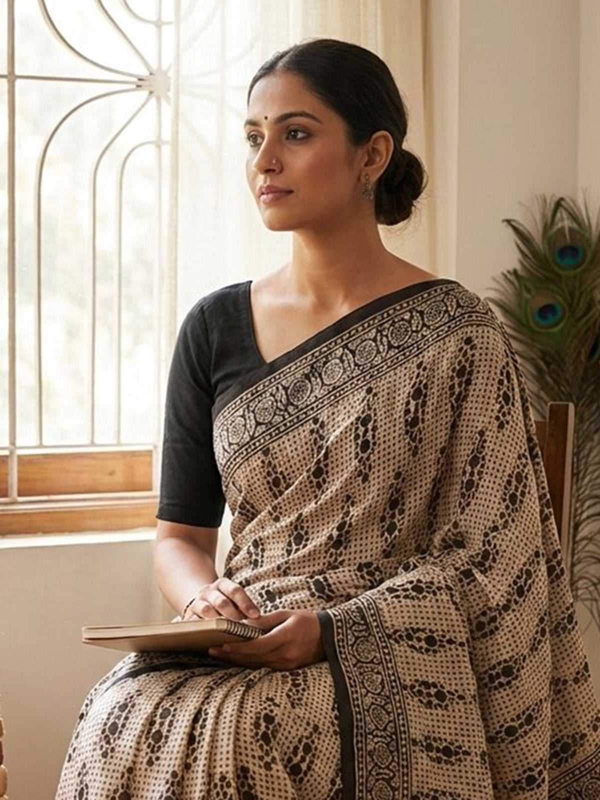 Beige printed muslin saree with unstitched blouse