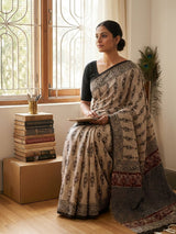 Beige printed muslin saree with unstitched blouse