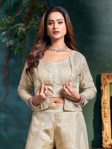 Cream silk designer jacket style palazzo suit