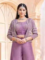 Purple silk designer jacket style palazzo suit for wedding wear