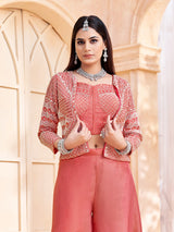 Peach silk designer jacket style palazzo suit for festive