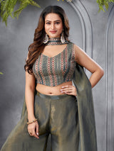 Pastel grey silk embroidered palazzo suit with dupatta