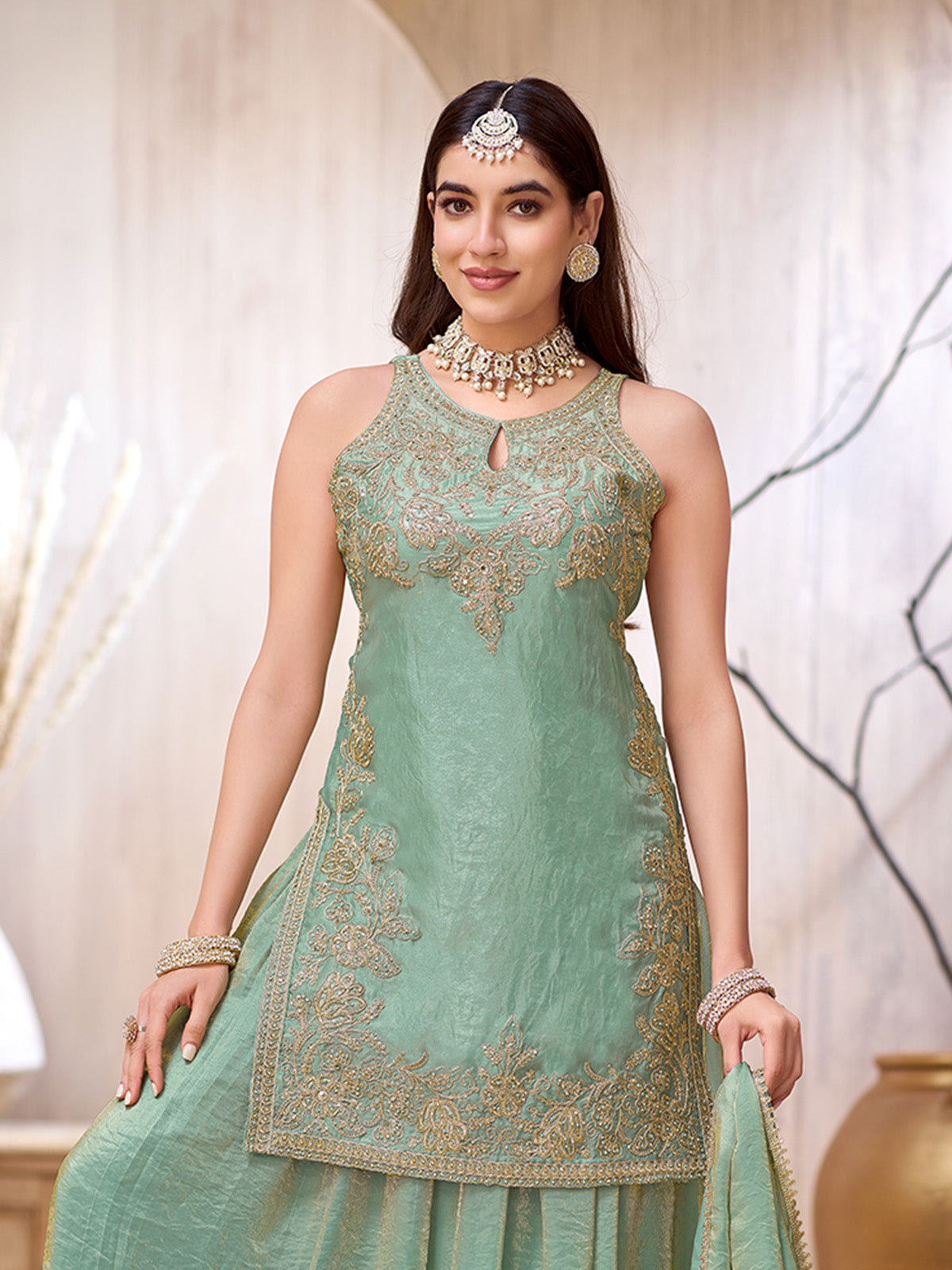 Mint green chinon silk punjabi style palazzo suit