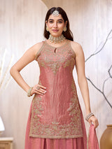 Onion pink chinon silk punjabi style festive palazzo suit