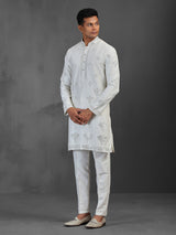 White silk wedding wear kurta suit with mirror work