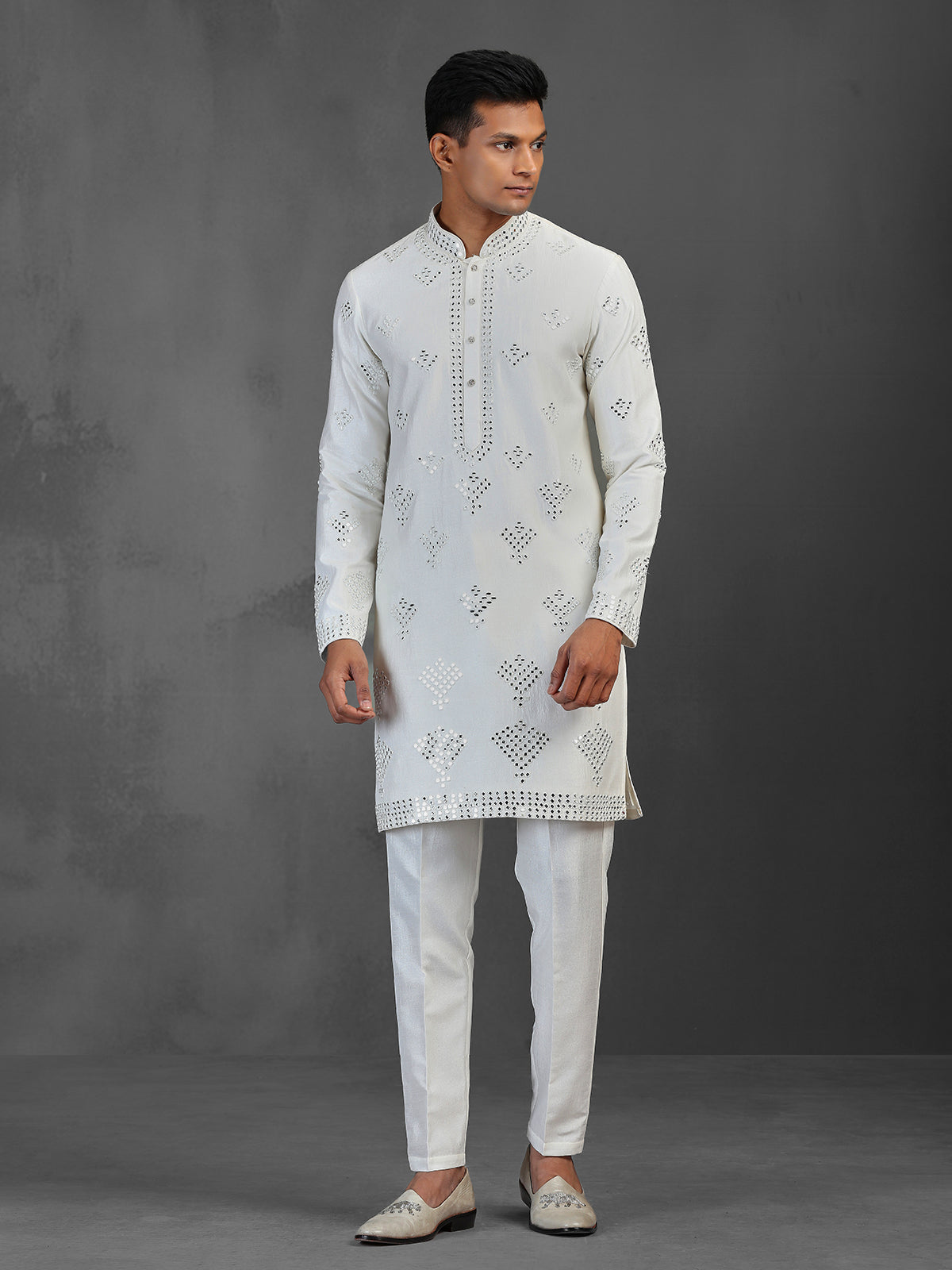 White silk wedding wear kurta suit with mirror work