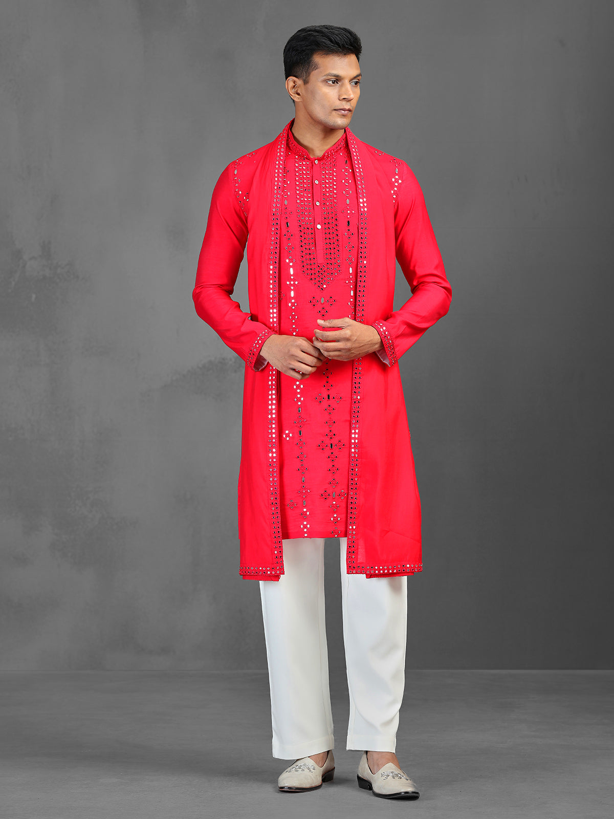 Red wedding wear art silk kurta suit with dupatta
